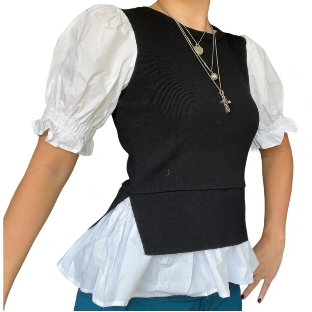 Anthropologie Black and White Ruffle Sleeve Blouse
